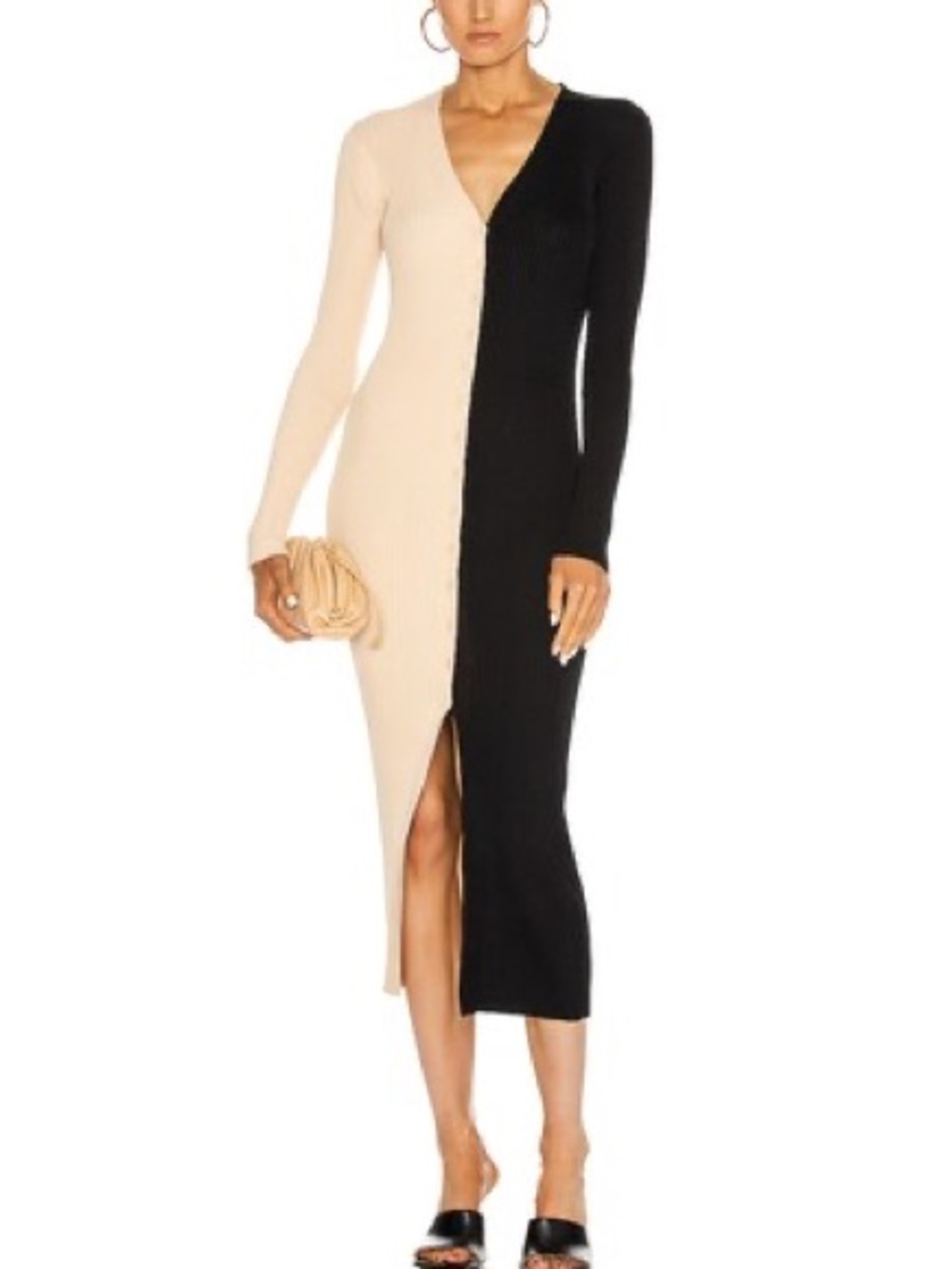 STAUD Shoko Two Tone Ribbed Button Down Midi Dress Colorblock Cream tan Black XS